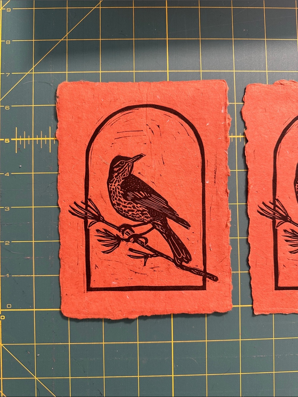 Handmade Bird Art Print in Orange with Black Illustration